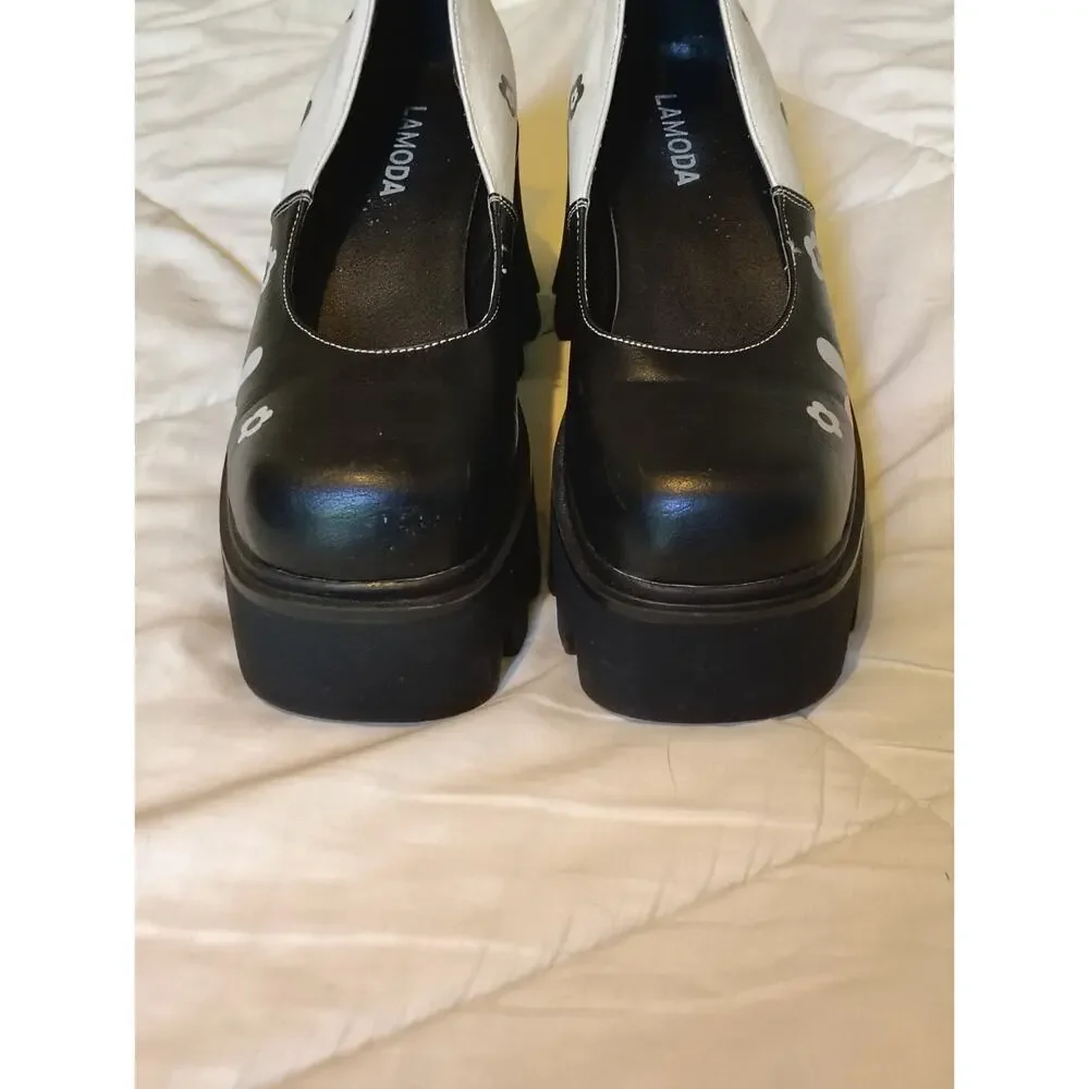 Lamoda Platform Mary Jane Y2K Lolita Black White Floral Chunky Lug Sole Size 8